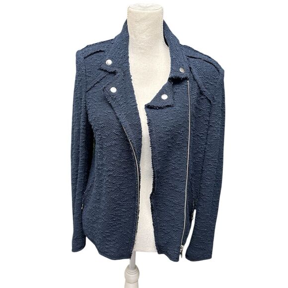 Rebecca Taylor Women's Blue Textured Moto Jacket Fringe Accents Size 12 - Picture 1 of 12